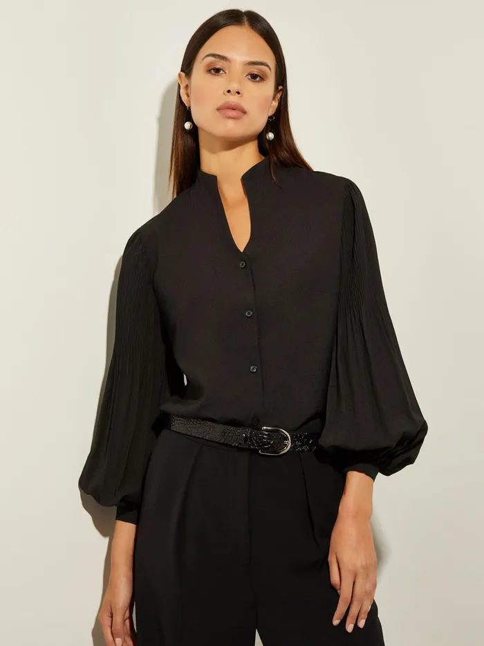 Misook Pleated Bishop Sleeve Stretch Crepe Blouse Women Blouses and Shirts