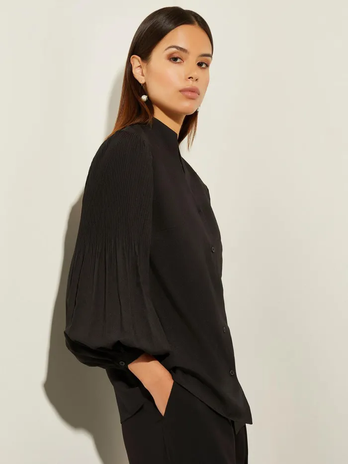 Misook Pleated Bishop Sleeve Stretch Crepe Blouse Women Blouses and Shirts Misook Pleated Bishop Sleeve Stretch Crepe Blouse Women Blouses and Shirts