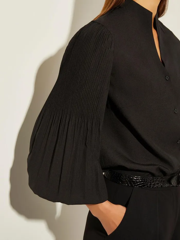 Misook Pleated Bishop Sleeve Stretch Crepe Blouse Women Blouses and Shirts Misook Pleated Bishop Sleeve Stretch Crepe Blouse Women Blouses and Shirts
