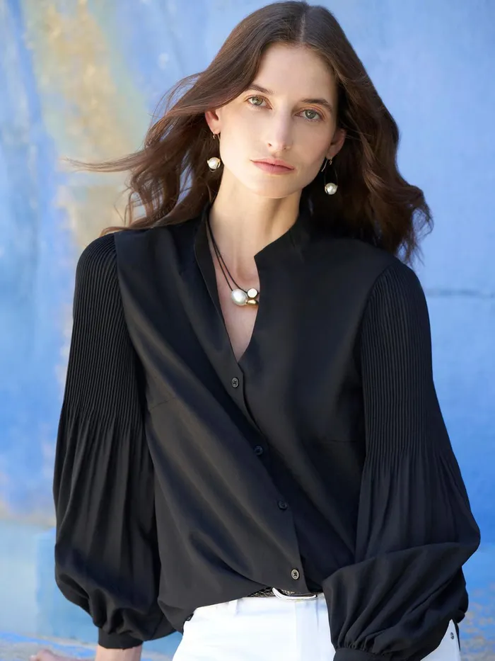 Misook Pleated Bishop Sleeve Stretch Crepe Blouse Women Blouses and Shirts Misook Pleated Bishop Sleeve Stretch Crepe Blouse Women Blouses and Shirts