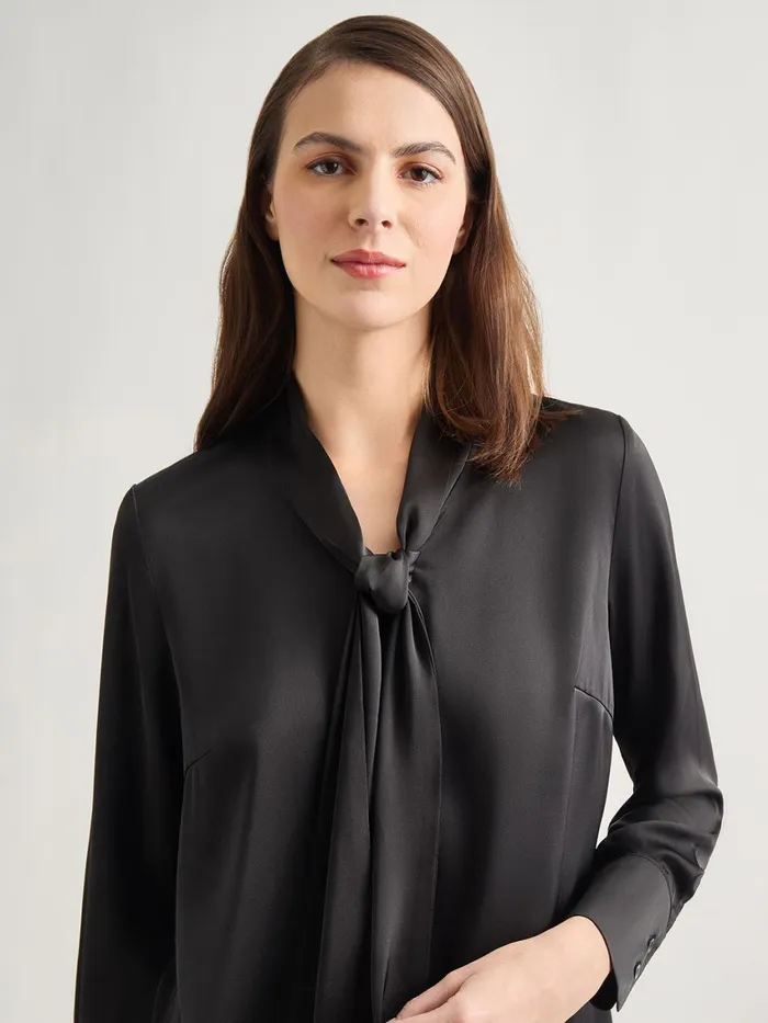 Misook Solid Tie Neck Crepe De Chine Blouse Women Tops and Tees