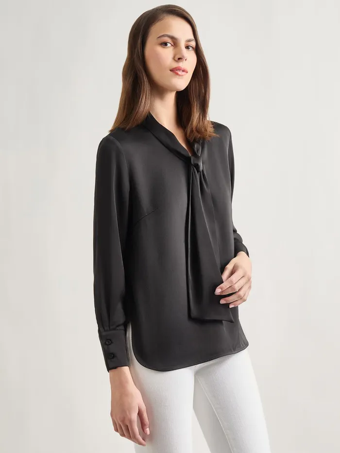 Misook Solid Tie Neck Crepe De Chine Blouse Women Tops and Tees