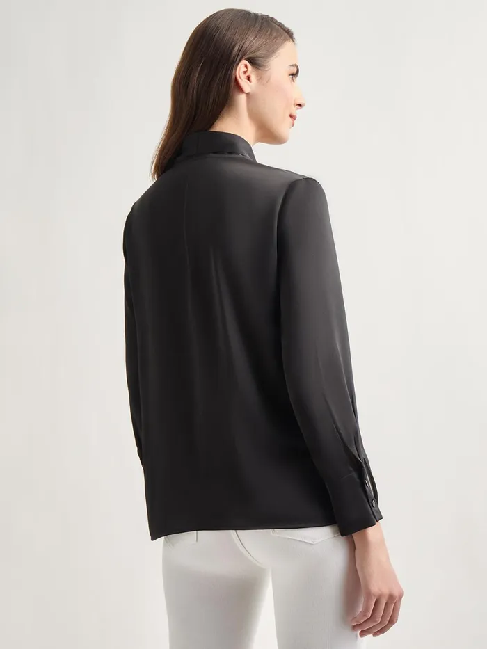 Misook Solid Tie Neck Crepe De Chine Blouse Women Tops and Tees