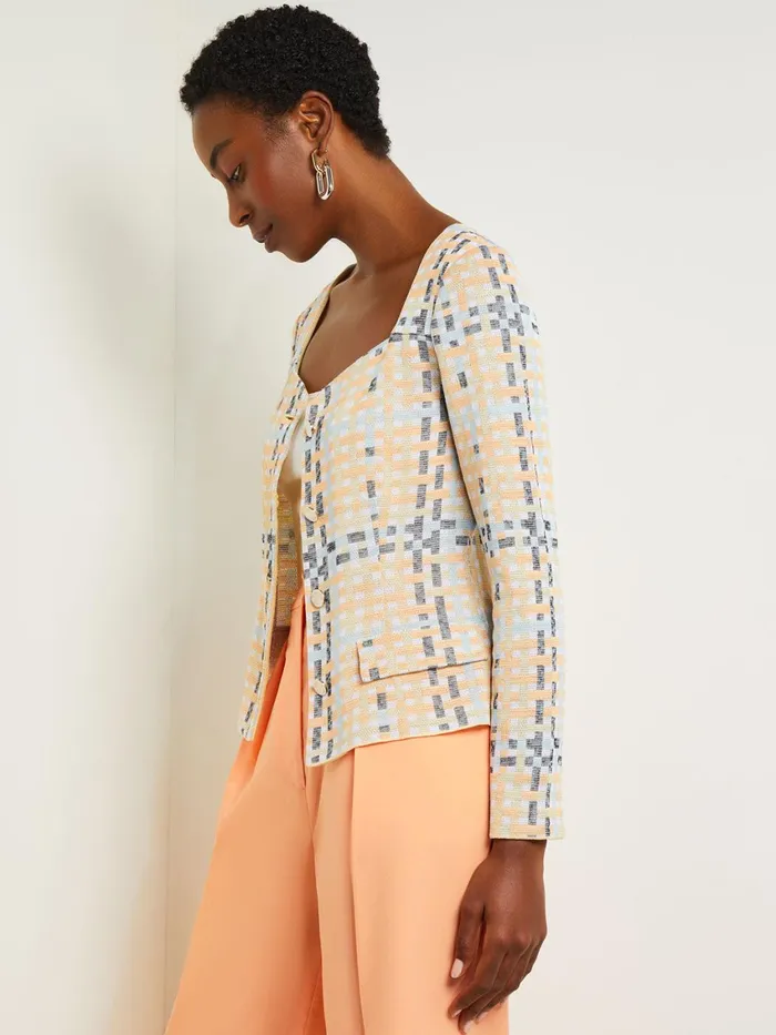 Misook Sweetheart Neck Modern Fit Jacket 8211 Plaid Jacquard Knit Women Jackets and Coats