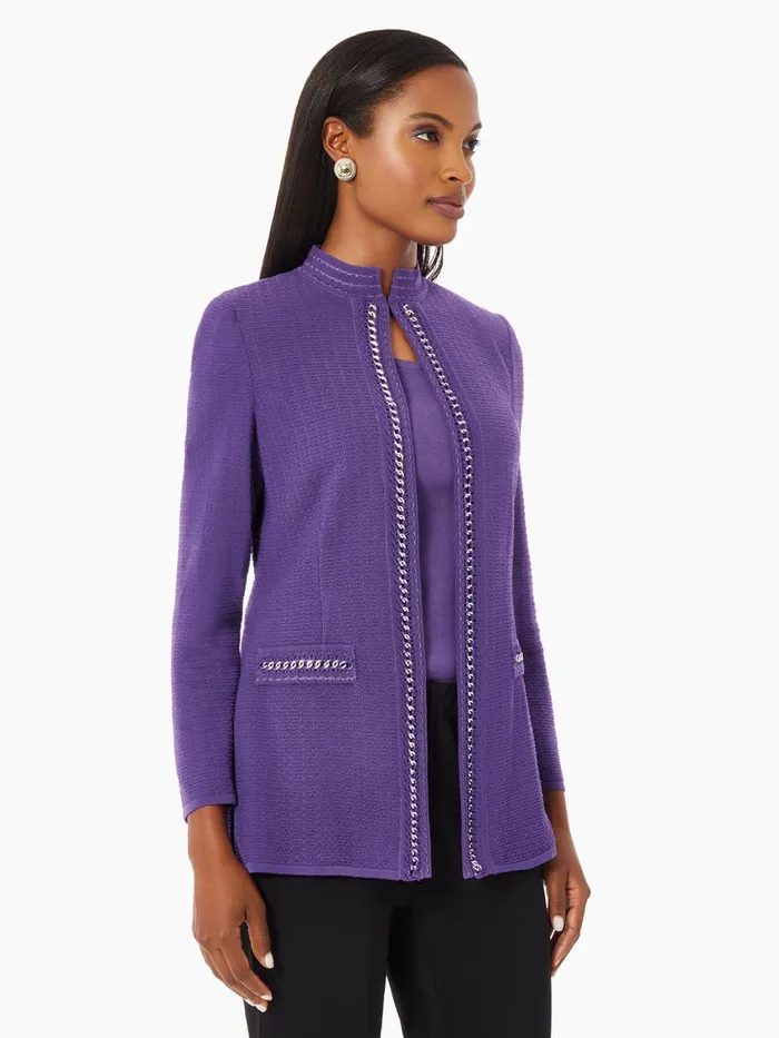 Misook Tailored Fit Crocheted Chain Trim Textured Knit Jacket Women Jackets and Coats