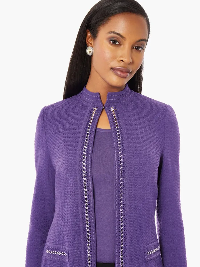 Misook Tailored Fit Crocheted Chain Trim Textured Knit Jacket Women Jackets and Coats