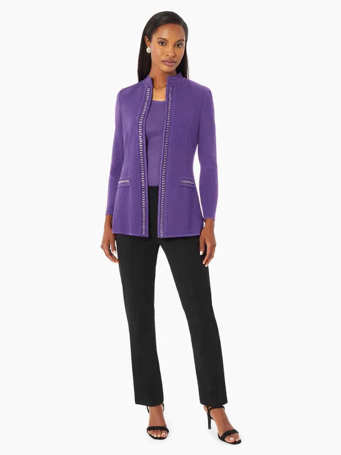 Misook Tailored Fit Crocheted Chain Trim Textured Knit Jacket Women Jackets and Coats