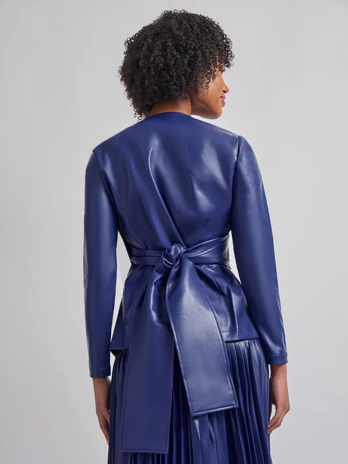 Misook Tailored Fit Vegan Leather Tie Back Jacket Women Jackets and Coats Misook Tailored Fit Vegan Leather Tie Back Jacket Women Jackets and Coats