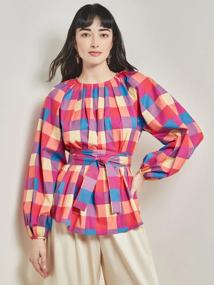 Misook Tie Waist Blouse 8211 Plaid Cotton Blend Women Blouses and Shirts