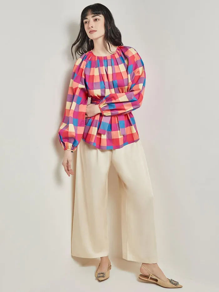 Misook Tie Waist Blouse 8211 Plaid Cotton Blend Women Blouses and Shirts Misook Tie Waist Blouse 8211 Plaid Cotton Blend Women Blouses and Shirts