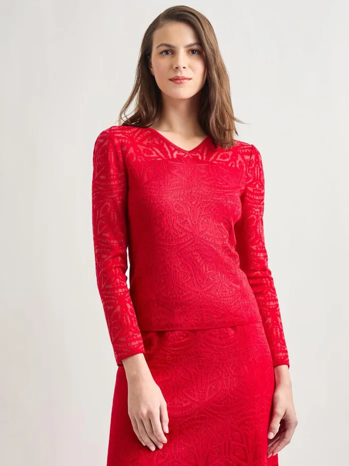 Misook Tonal Patterned VNeck Burnout Knit Top Women Tops and Tees