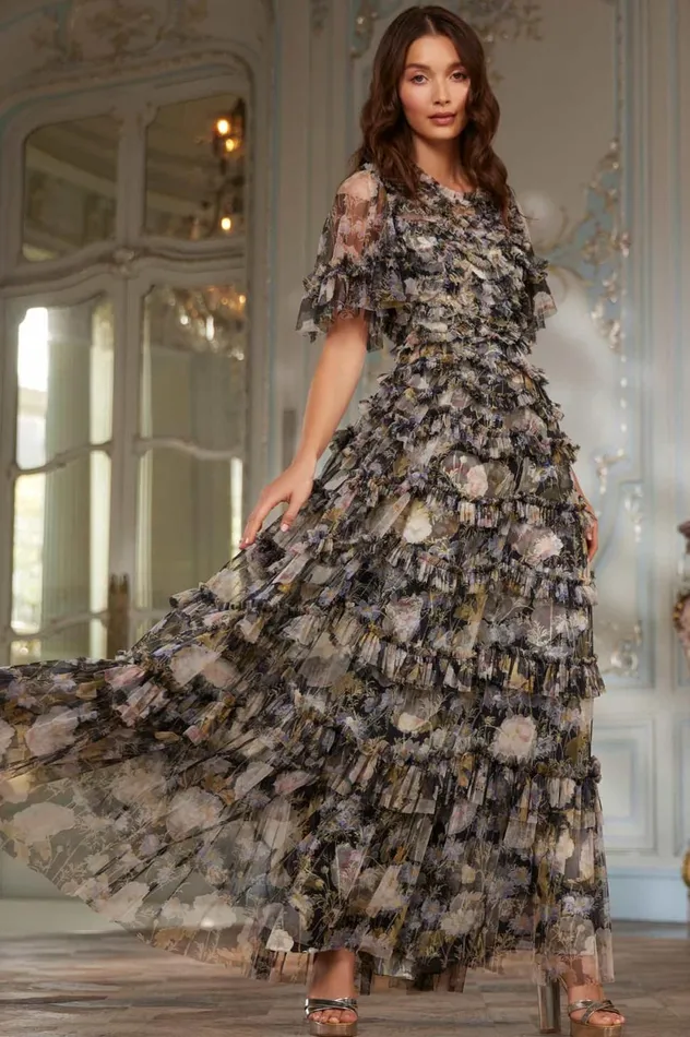 Moonlight Petals Round Neck Gown Black Women Needle and Thread Dresses