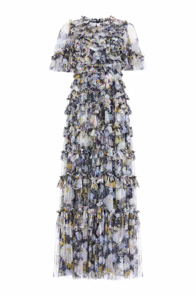 Moonlight Petals Round Neck Gown Black Women Needle and Thread Dresses