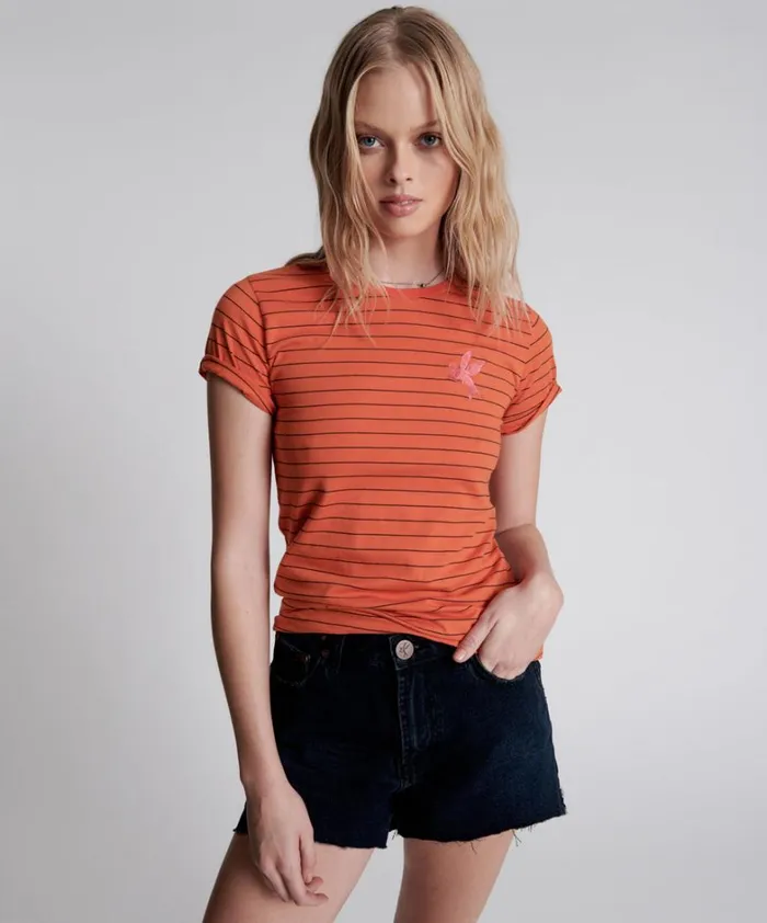 One Teaspoon Basic Tees BOWER BIRD EMBROIDERED LOGO FITTED TEE ORANGE 8211 Women