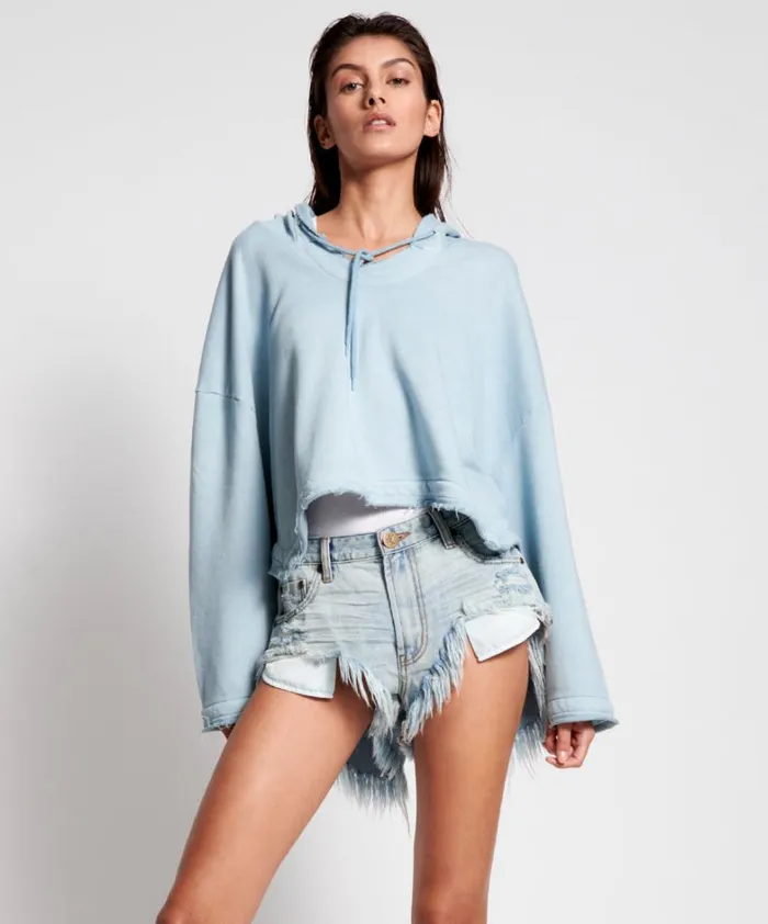 One Teaspoon Hoodies And Sweats ASH BLUE CROPPED HOODY 8211 Women