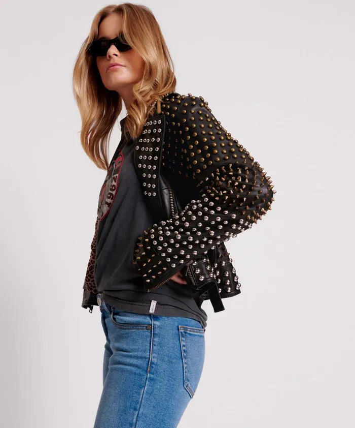 One Teaspoon Jackets BLACK HELLRAISER STUDDED CROP LEATHER MOTO JACKET 8211 Women