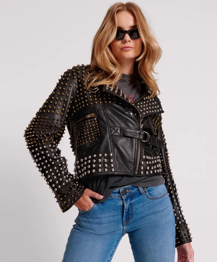One Teaspoon Jackets BLACK HELLRAISER STUDDED CROP LEATHER MOTO JACKET 8211 Women