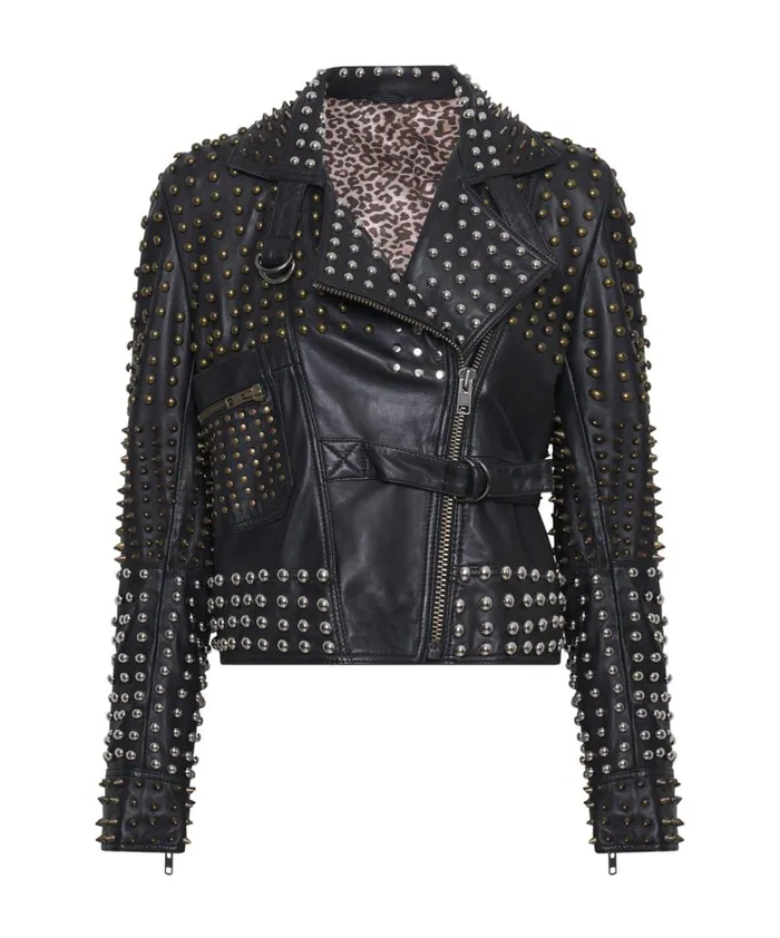 One Teaspoon Jackets BLACK HELLRAISER STUDDED CROP LEATHER MOTO JACKET 8211 Women