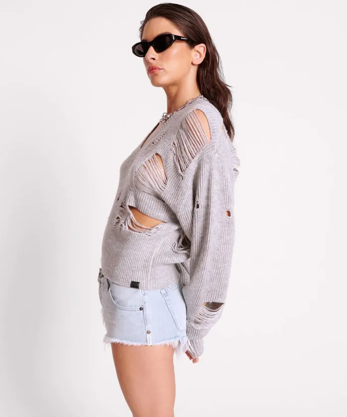 One Teaspoon Knitwear LADDERED VNECK DISTRESSED SWEATER 8211 Women