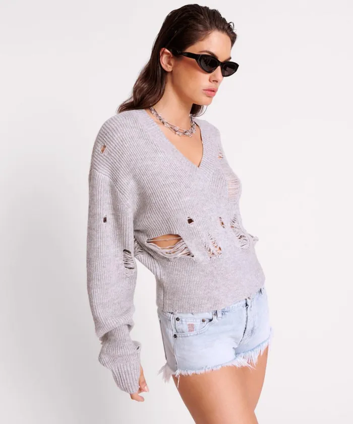 One Teaspoon Knitwear LADDERED VNECK DISTRESSED SWEATER 8211 Women