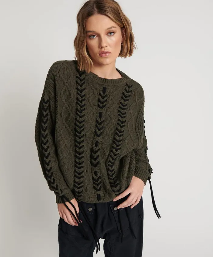 One Teaspoon Knitwear MILITARY KHAKI THREADED CABLE SWEATER 8211 Women