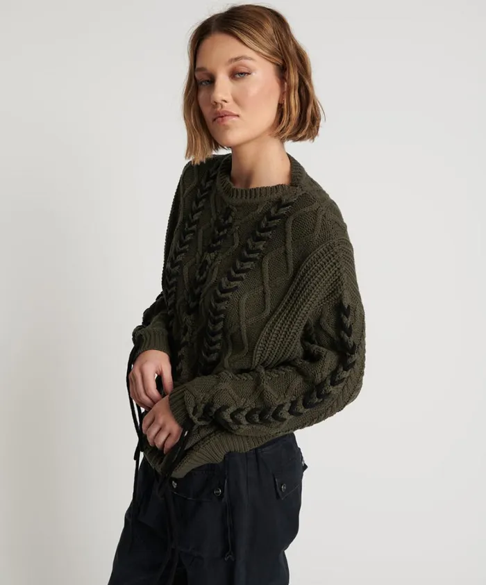 One Teaspoon Knitwear MILITARY KHAKI THREADED CABLE SWEATER 8211 Women