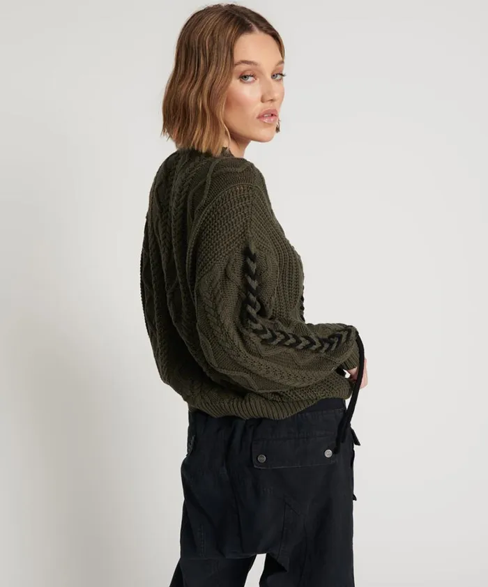One Teaspoon Knitwear MILITARY KHAKI THREADED CABLE SWEATER 8211 Women