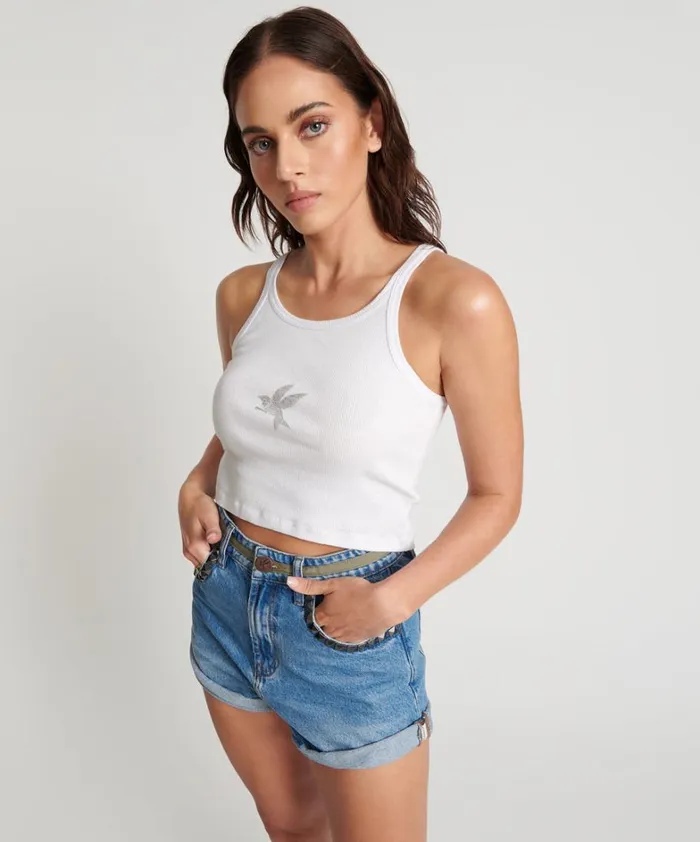 One Teaspoon Tees and Tanks CROPPED BOWER BIRD RIBBED TANK TOP WHITE 8211 Women