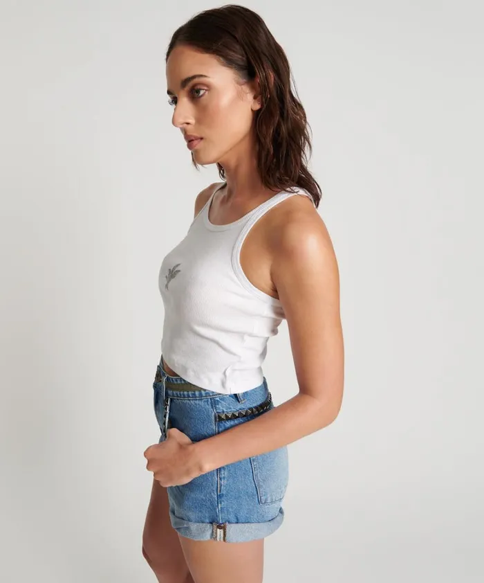 One Teaspoon Tees and Tanks CROPPED BOWER BIRD RIBBED TANK TOP WHITE 8211 Women One Teaspoon Tees and Tanks CROPPED BOWER BIRD RIBBED TANK TOP WHITE 8211 Women