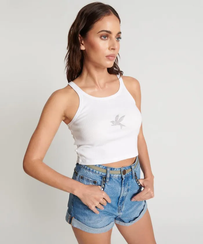 One Teaspoon Tees and Tanks CROPPED BOWER BIRD RIBBED TANK TOP WHITE 8211 Women One Teaspoon Tees and Tanks CROPPED BOWER BIRD RIBBED TANK TOP WHITE 8211 Women