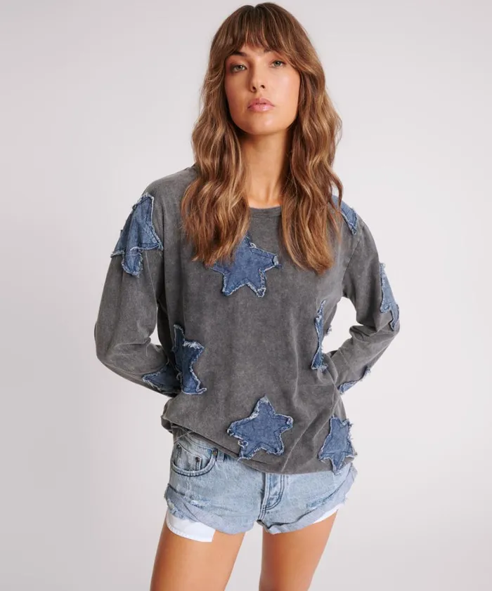 One Teaspoon Tees and Tanks DENIM STAR BOYFRIEND LONGSLEEVE TEE 8211 Women