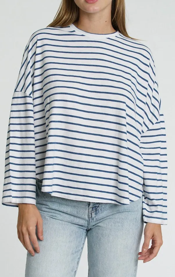 Pistola Denim Selma Long Sleeve Curved Hemp Tee 8211 Ocean Stripe Women Tops