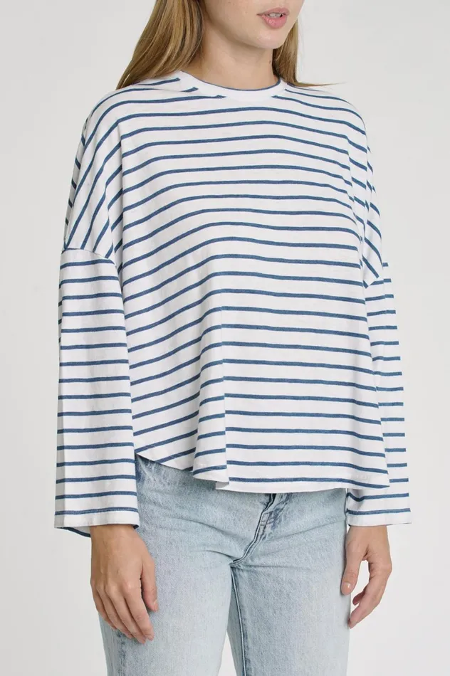 Pistola Denim Selma Long Sleeve Curved Hemp Tee 8211 Ocean Stripe Women Tops