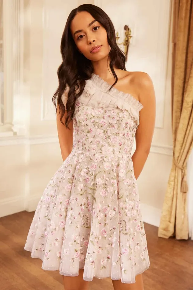 Posy Pirouette OneShoulder Micro Mini Dress Champagne Women Needle and Thread Dresses
