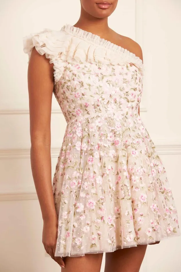Posy Pirouette OneShoulder Micro Mini Dress Champagne Women Needle and Thread Dresses