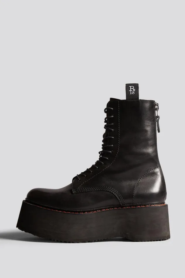 R13 Boots Women Double Stack Boot 8211 Black Combat Boots