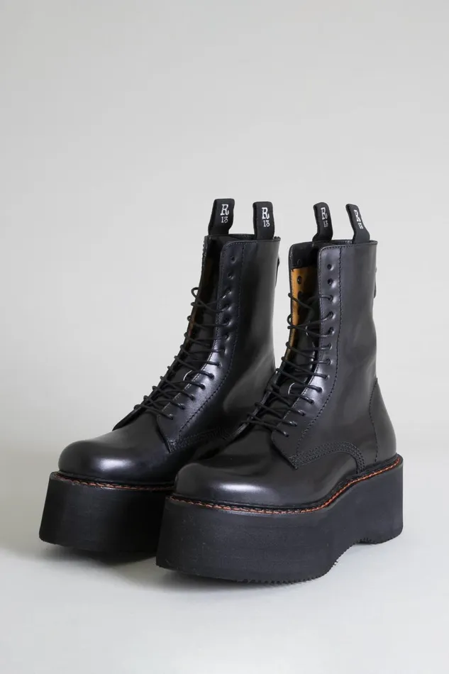 R13 Boots Women Double Stack Boot 8211 Black Combat Boots