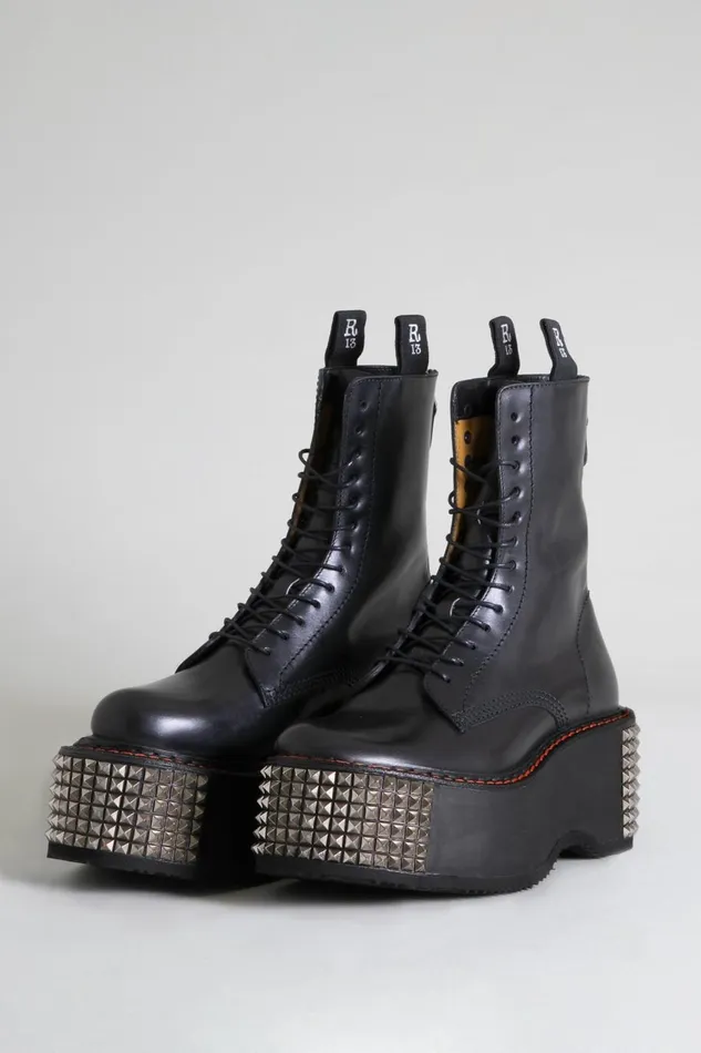 R13 Boots Women DOUBLE STACK BOOT WITH STUD SOLE 8211 BLACK