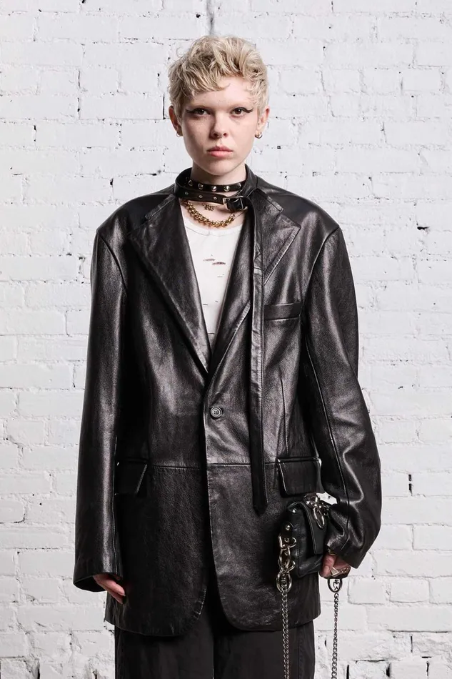 R13 Jackets and Coats Women BELT COLLAR LEATHER BLAZER 8211 BLACK