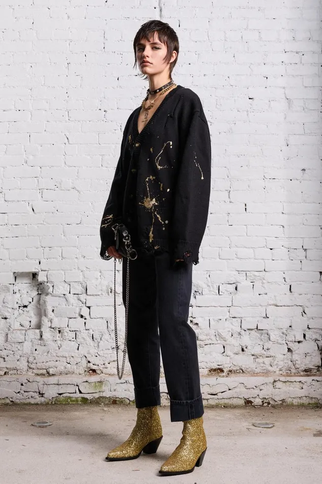 R13 Sale Women BOYFRIEND CARDIGAN 8211 GOLD SPLATTERED BLACK