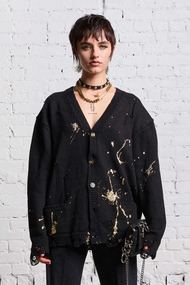 R13 Sale Women BOYFRIEND CARDIGAN 8211 GOLD SPLATTERED BLACK