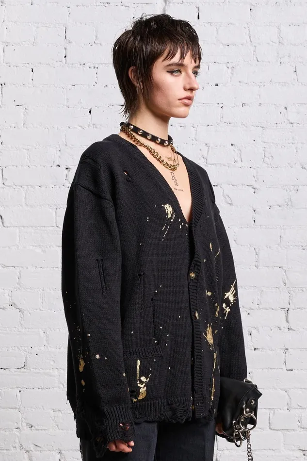 R13 Sale Women BOYFRIEND CARDIGAN 8211 GOLD SPLATTERED BLACK