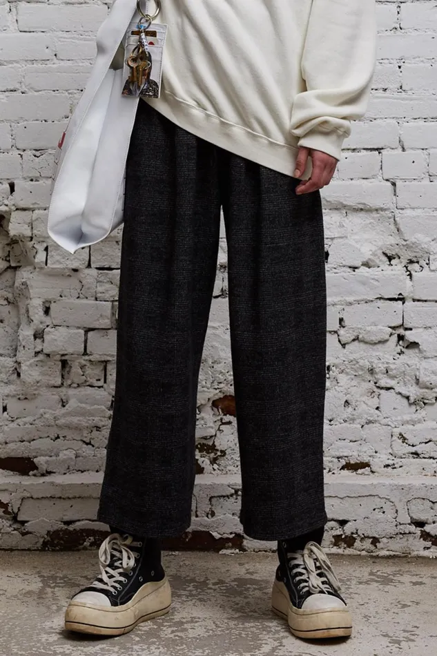R13 Sale Women CROPPED PLEATED WIDE LEG PANT 8211 GREY GLEN PLAID