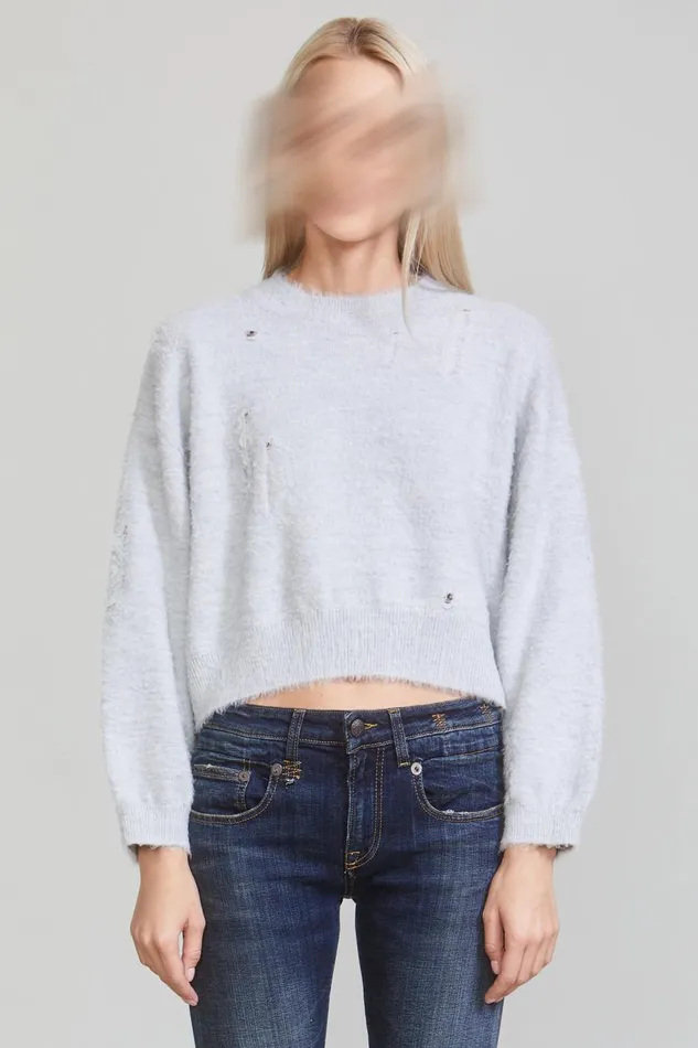 R13 Sale Women CROPPED SHAGGY OVERSIZED SWEATER 8211 HEATHER GREY
