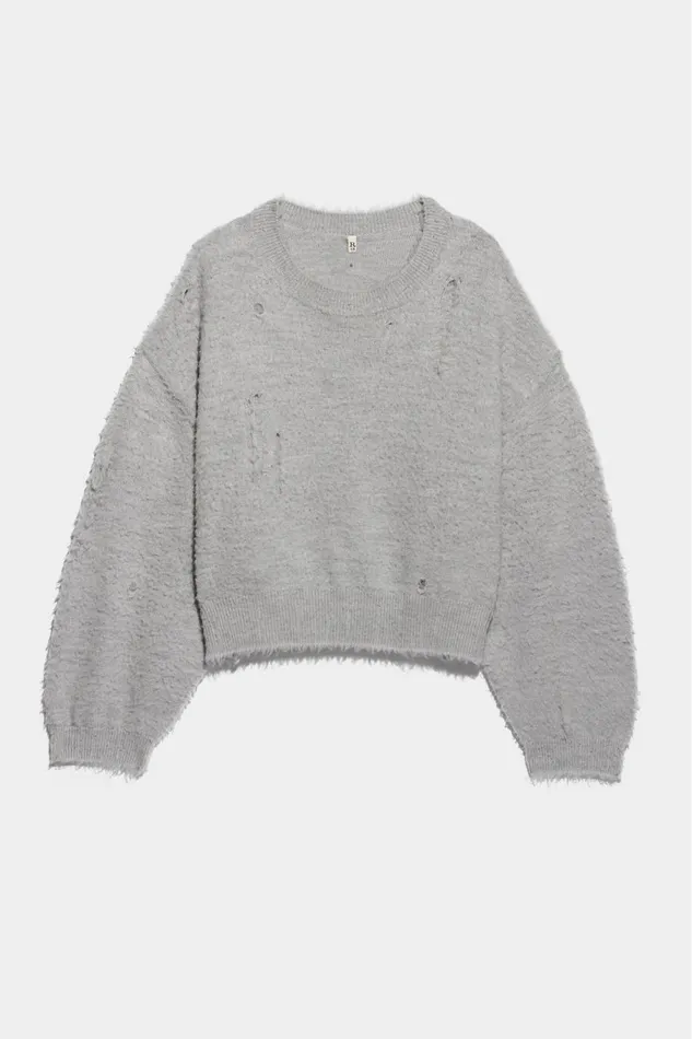 R13 Sale Women CROPPED SHAGGY OVERSIZED SWEATER 8211 HEATHER GREY