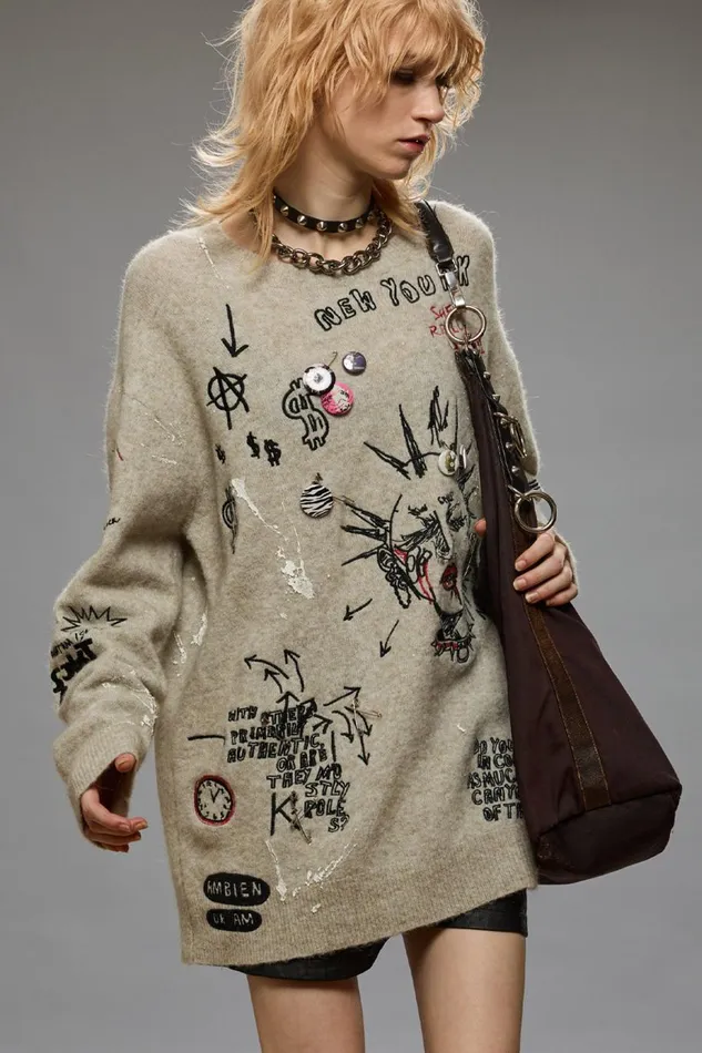 R13 Sale Women EMBROIDERED BOYFRIEND SWEATER 8211 OATMEAL