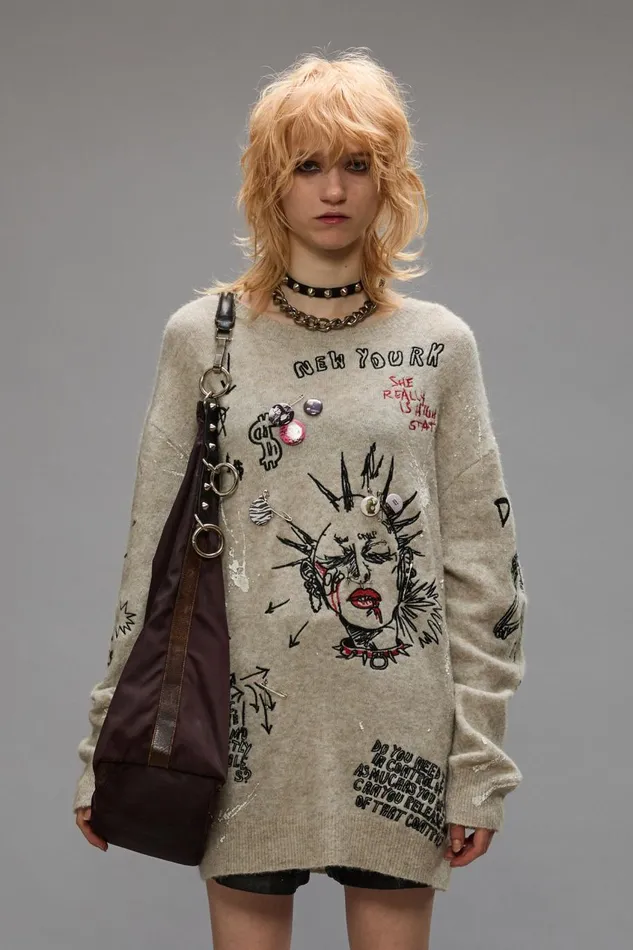 R13 Sale Women EMBROIDERED BOYFRIEND SWEATER 8211 OATMEAL