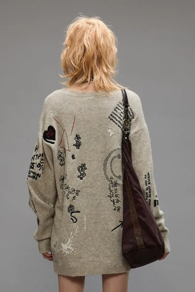 R13 Sale Women EMBROIDERED BOYFRIEND SWEATER 8211 OATMEAL