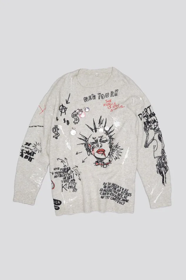 R13 Sale Women EMBROIDERED BOYFRIEND SWEATER 8211 OATMEAL