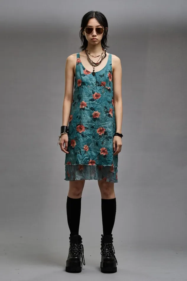 R13 Sale Women LAYERED FLOUNCE TANK SLIP 8211 BLUE FLORAL
